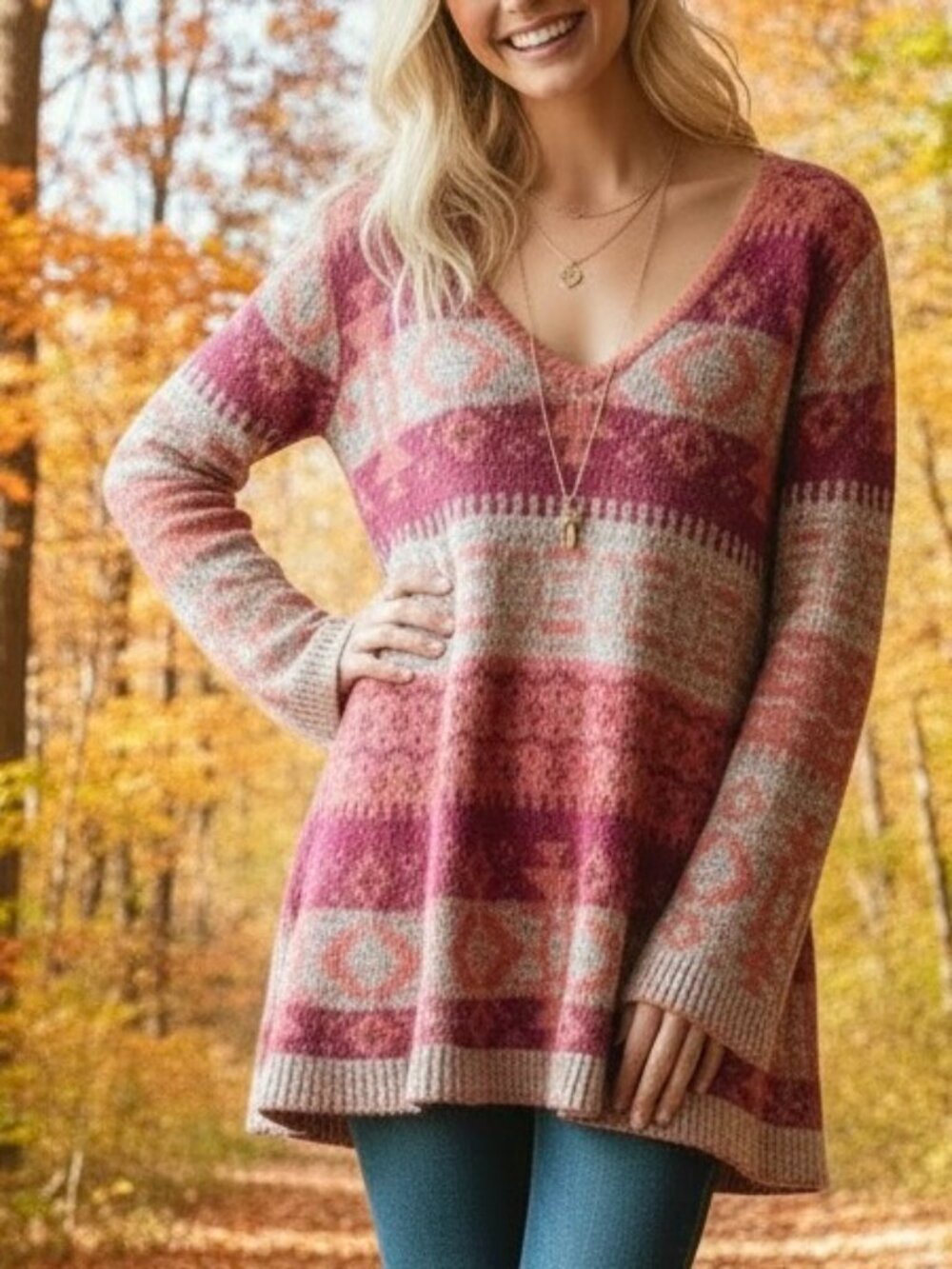 Free People Sweater Fair Isle Wool Blend V-Neck Red Pink (S)